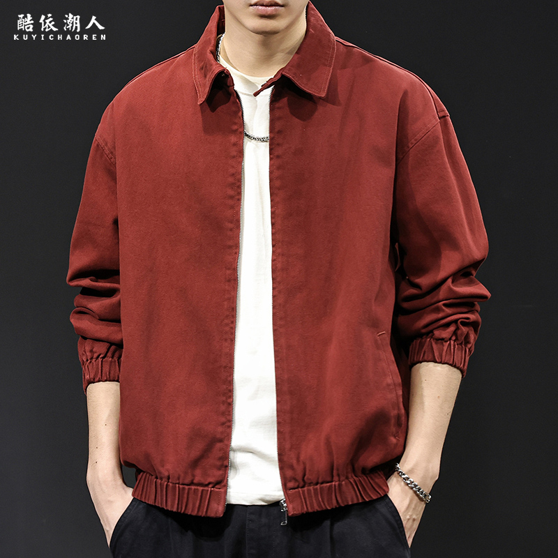 休闲夹克男士红色翻领工装外套秋季2025新款美式潮牌大码春秋衣服