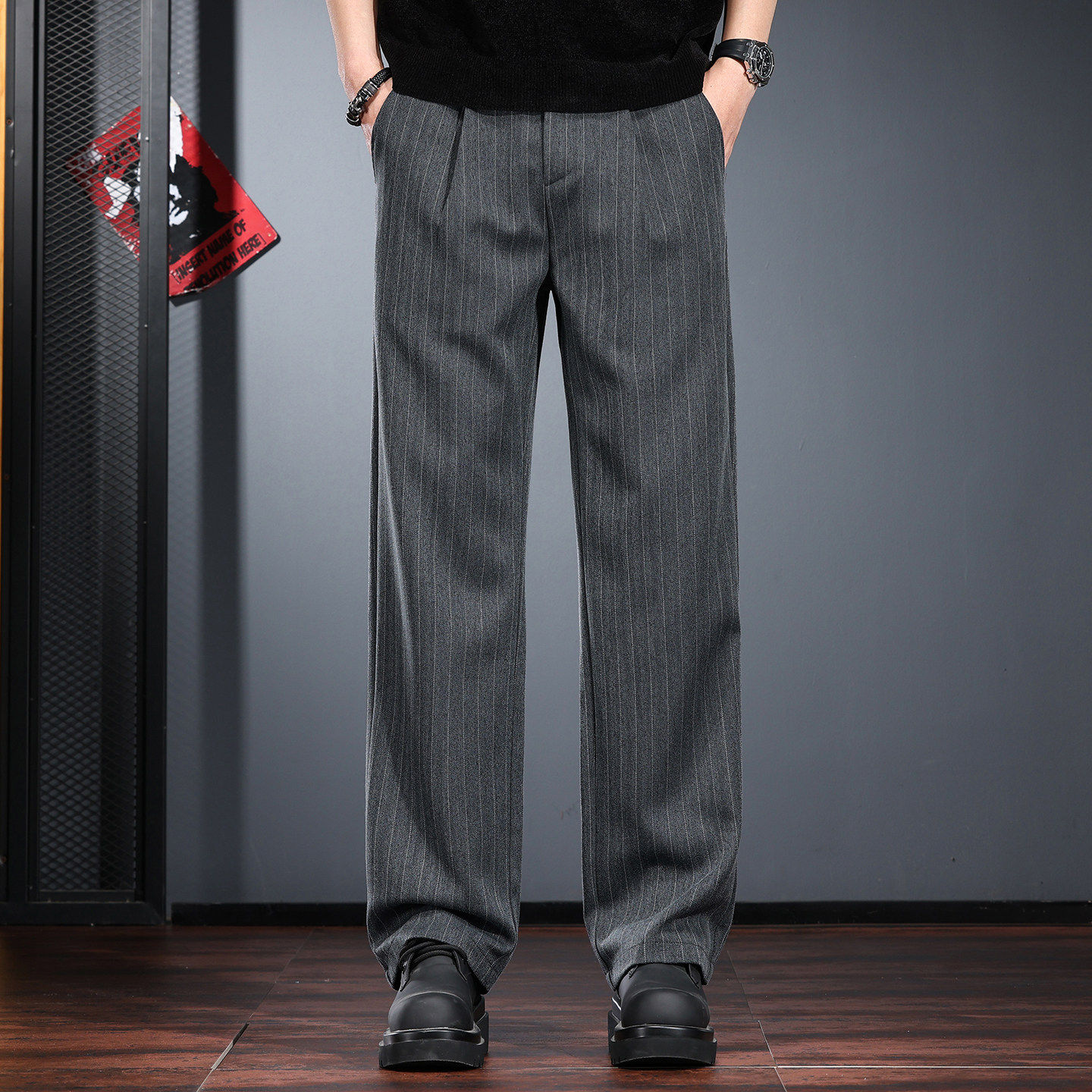高级感男士西裤宽松直筒休闲裤春季条纹垂感商务通勤老钱风西装裤