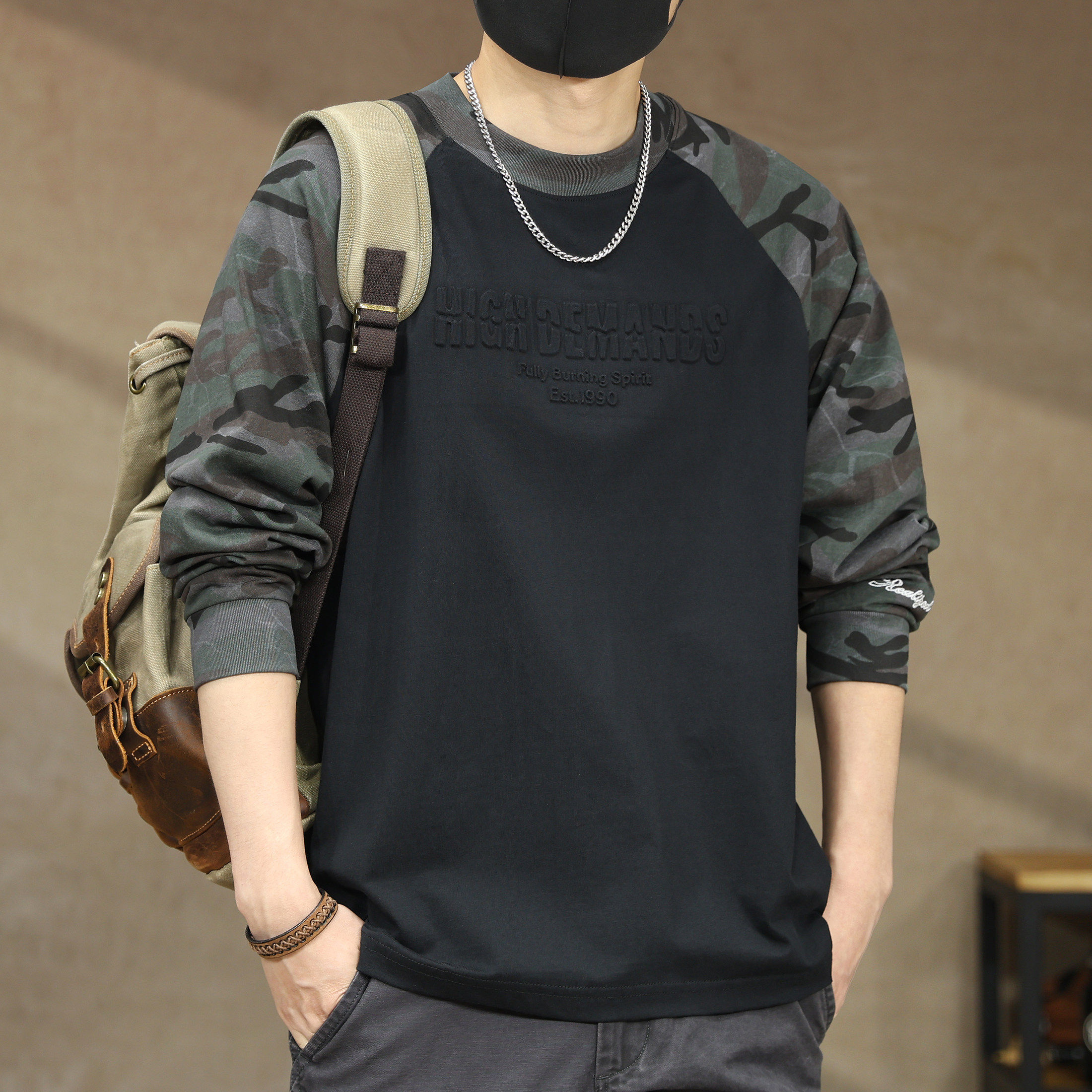 拼色长袖t恤男2026新款春秋季纯棉美式潮牌男士圆领内搭衣服大码