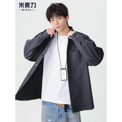 高级感肌理感衬衫男款2025新款爆款长袖T恤日系休闲轻奢条纹上衣