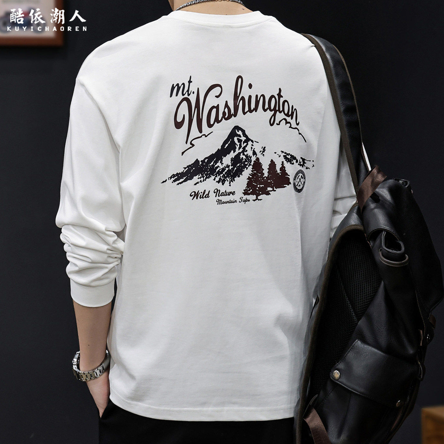 山系印花长袖T恤男宽松纯棉圆领打底衫百搭