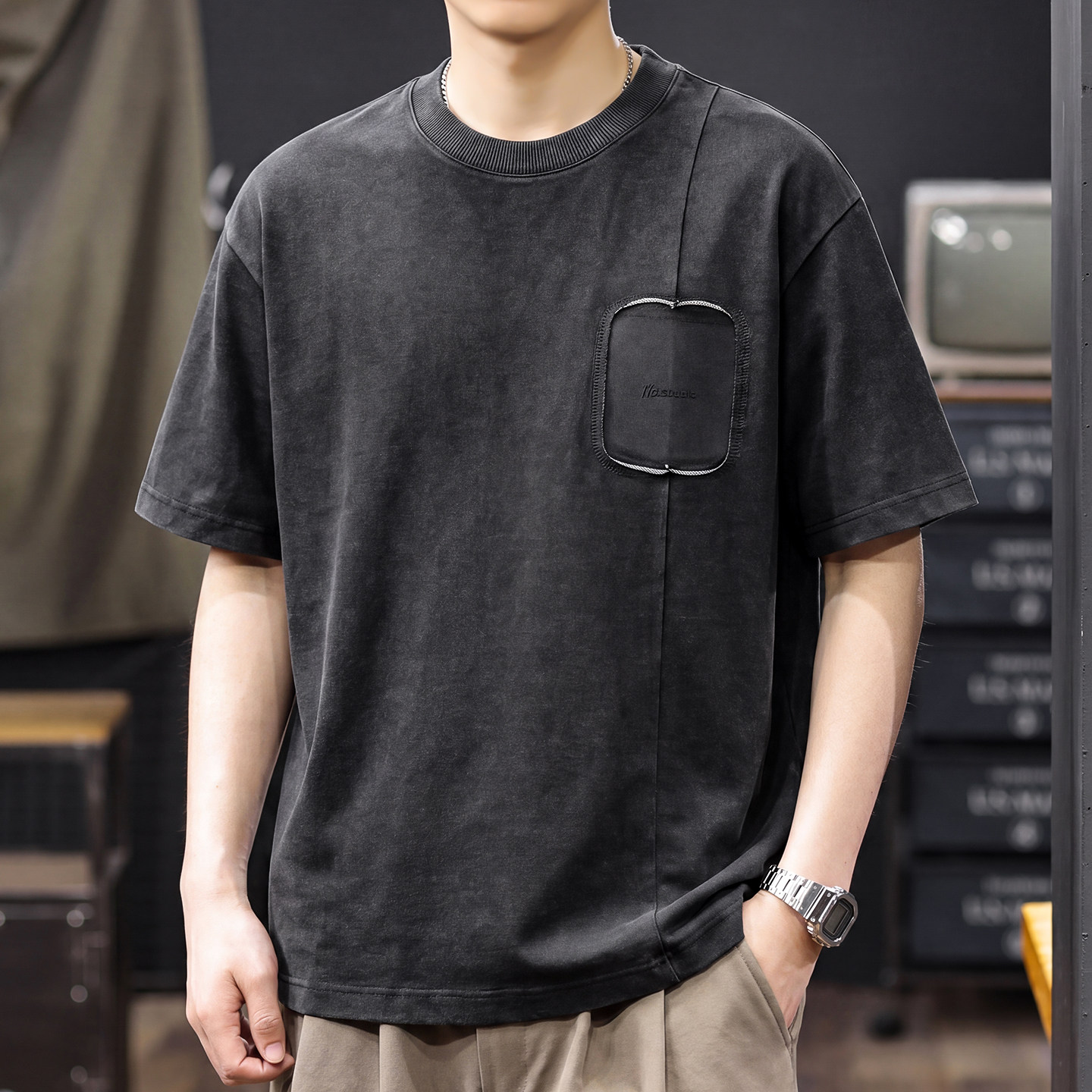 美式重磅水洗复古牛仔针织短袖T恤男2026夏季男士休闲通勤半袖衫t