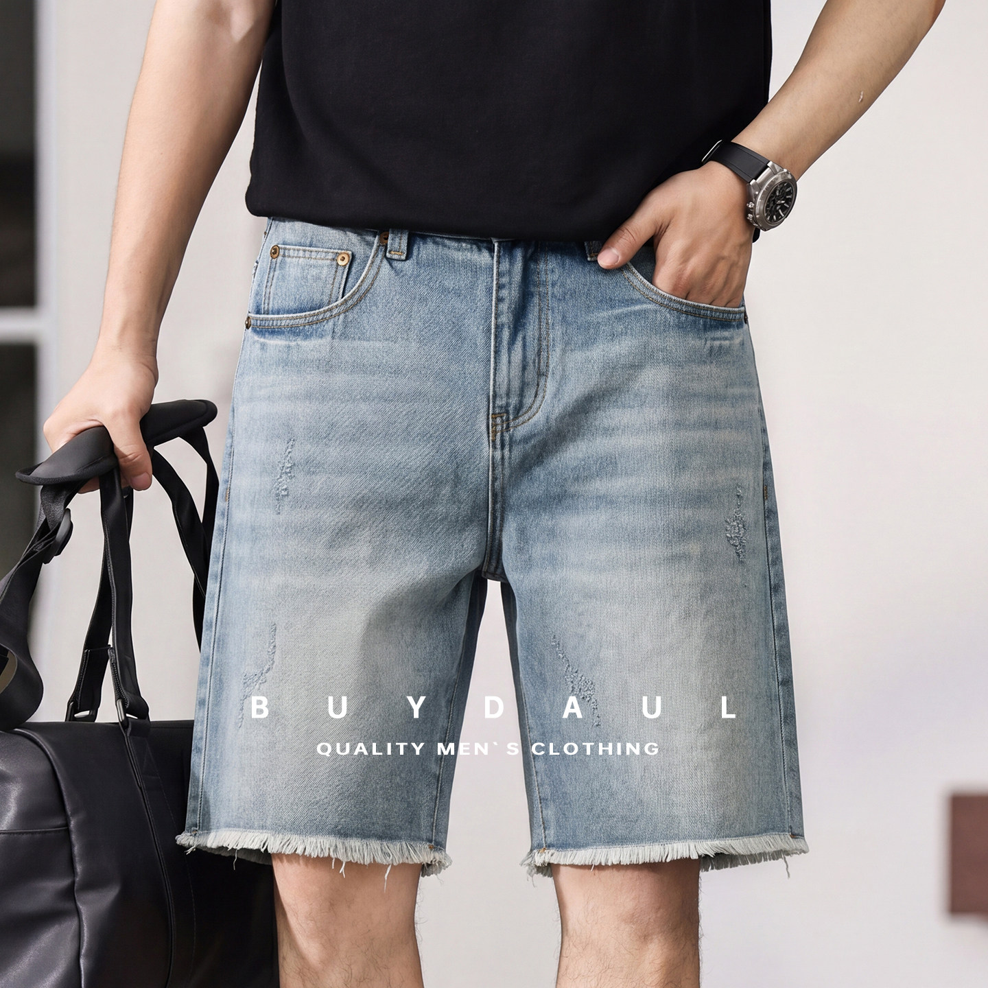 美式高街毛边水洗做旧牛仔短裤男士夏季新款宽松复古破洞五分裤子