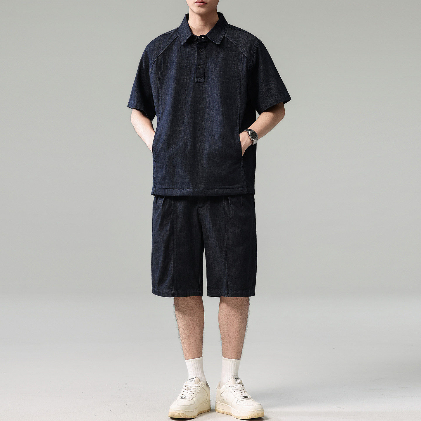 夏季新款短袖套装男天丝薄款原色polo领牛仔衬衫直筒五分裤两件套