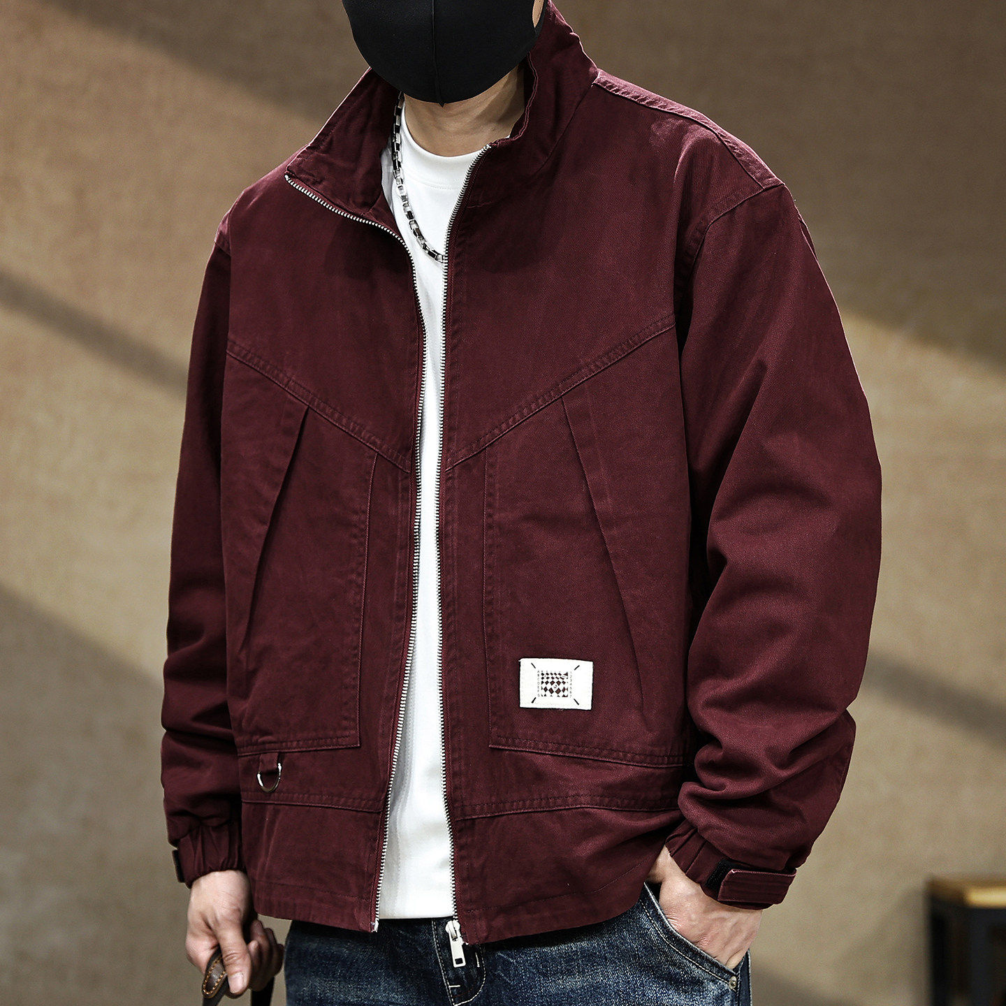 高端美式红色立领夹克男士2026春季新款短款宽松大码工装外套男款