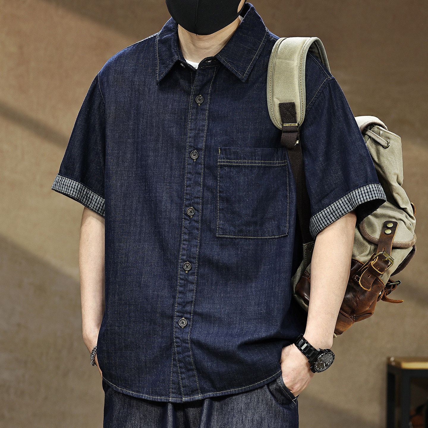 复古棉麻美式潮牌薄款短袖衬衫男士夏季新款宽松透气牛仔半袖衬衣