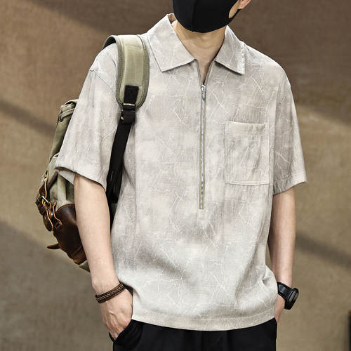 高端复古轻奢亚麻短袖衬衫男夏季新款半拉链宽松休闲翻领半袖衬衣