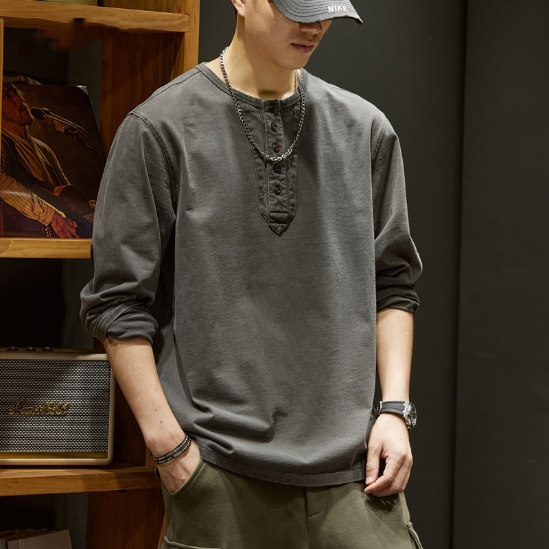 美式复古圆领长袖T恤男士秋季重磅纯棉卫衣宽松潮牌亨利领打底衫