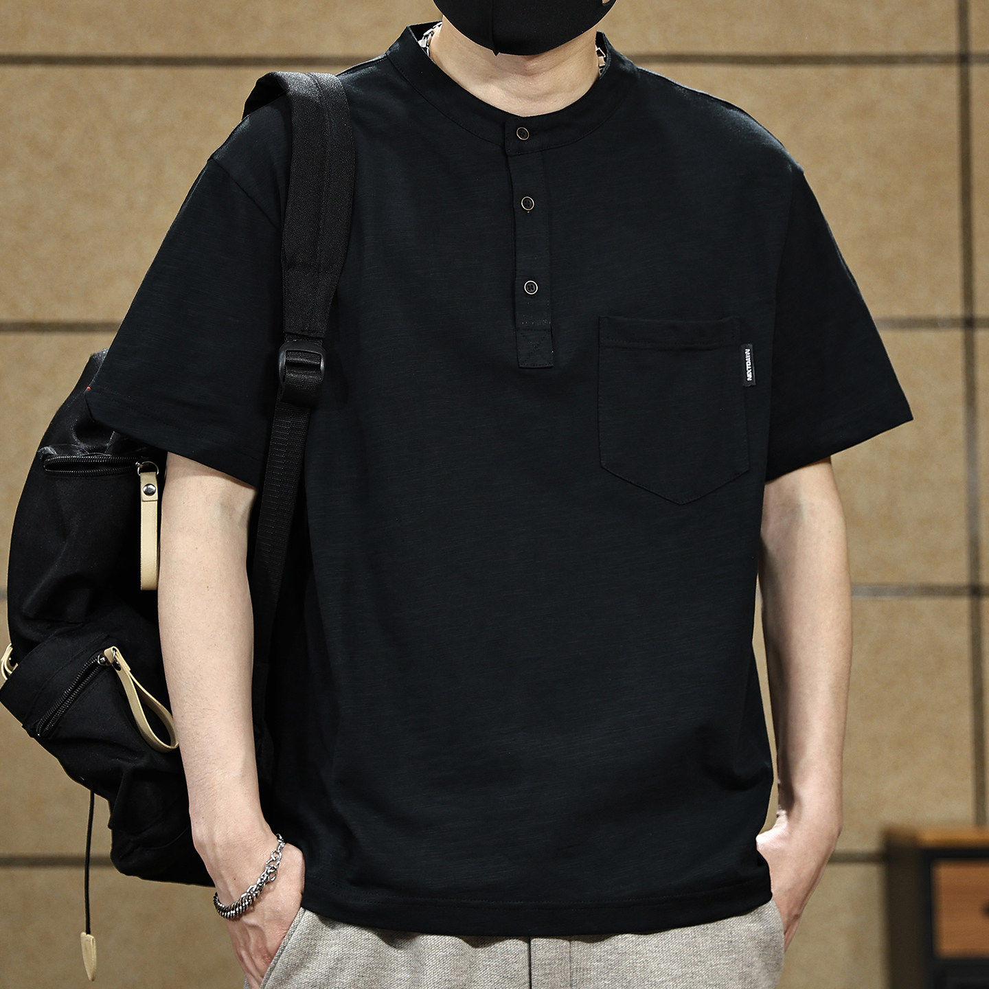 美式复古男士短袖T恤夏季新款宽松竹节棉亨利领男装POLO衫男上衣