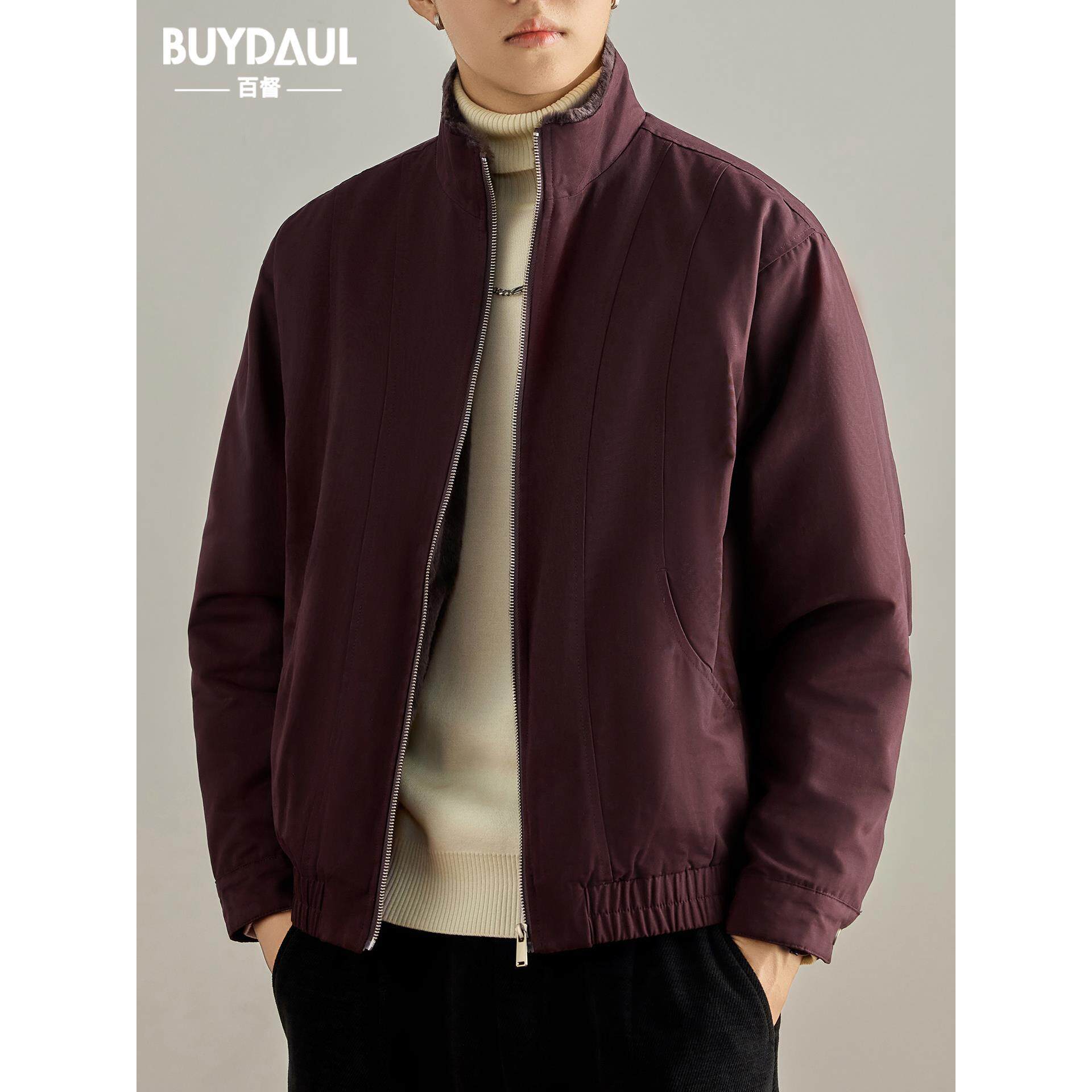 美式复古红色立领加绒加厚棉衣外套男士冬季新款宽松保暖工装夹克