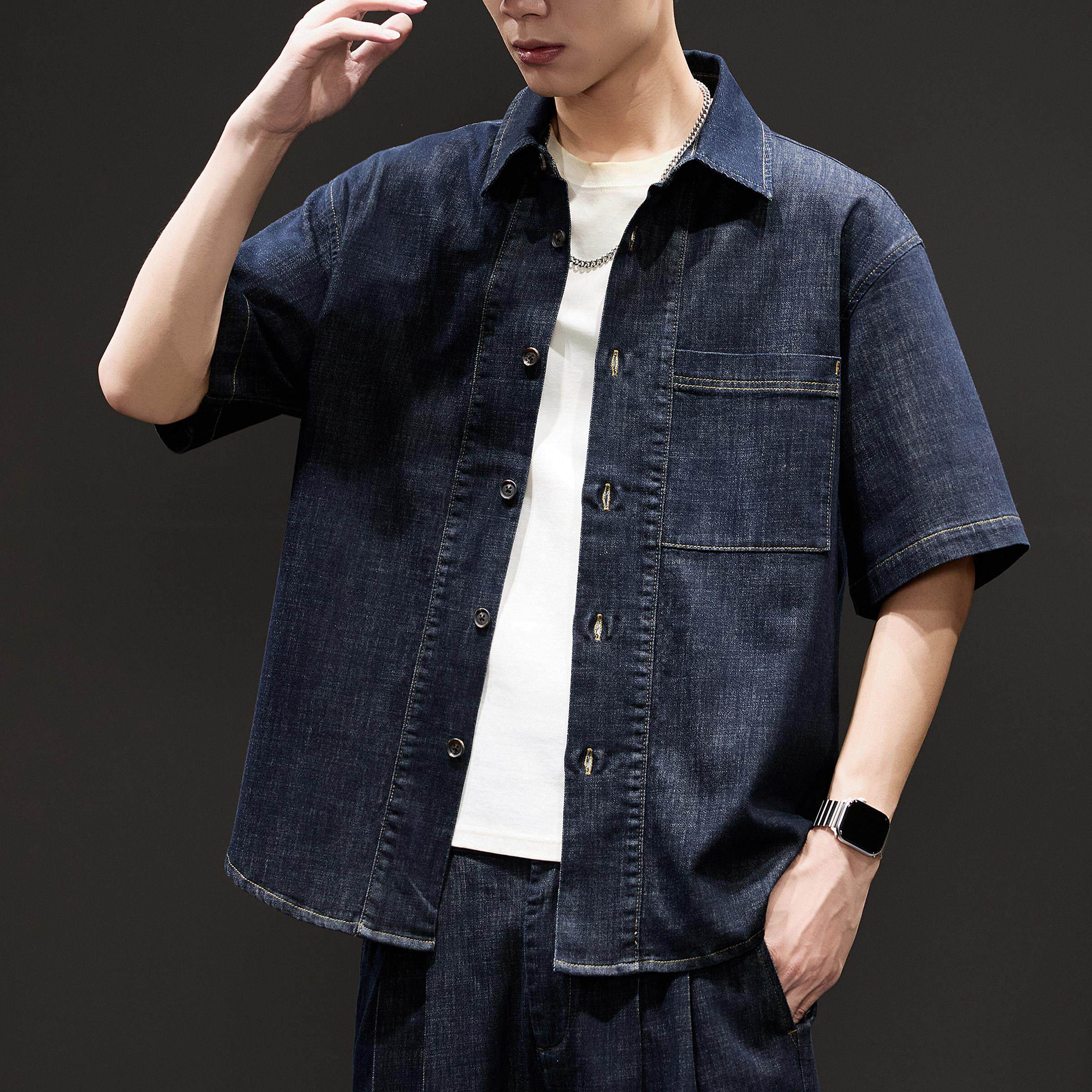 2026春夏新款牛仔短袖套装男士莱赛尔天丝薄款原色水洗衬衫两件套