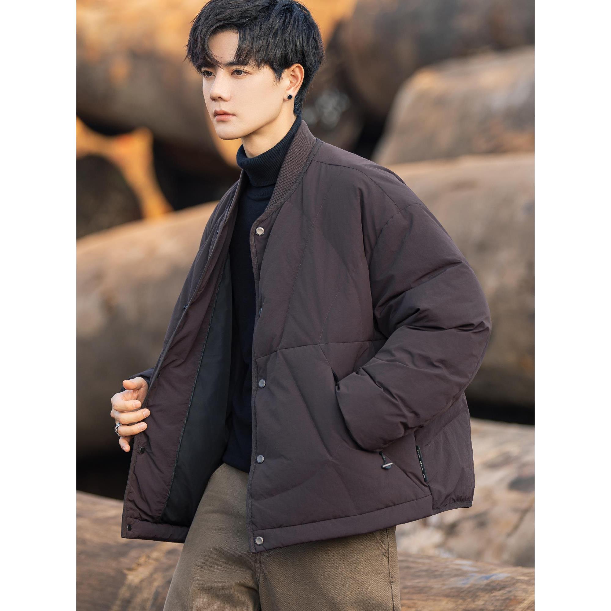 90白鸭绒羽绒服男冬季新款青少年棒球领加厚保暖宽松休闲短款外套