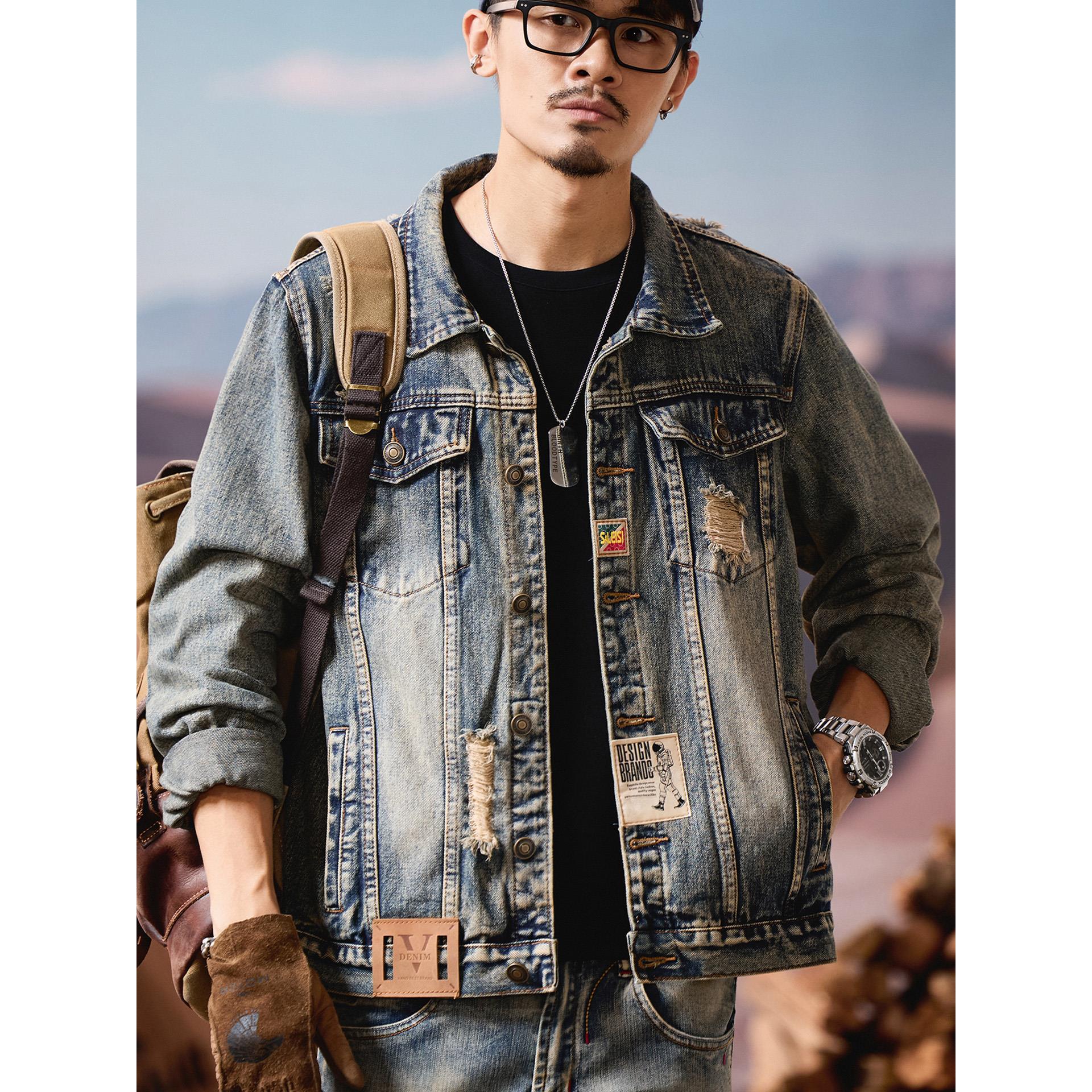 美式复古怀旧破洞牛仔外套男春秋季潮牌休闲男士帅气翻领工装夹克