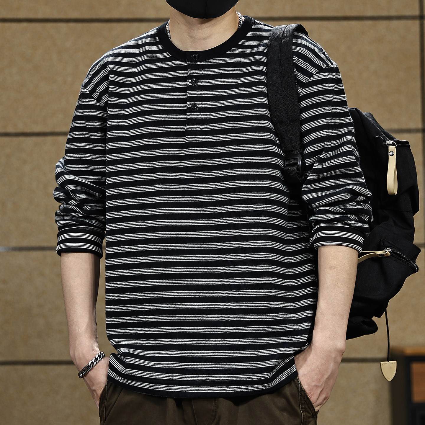 高端复古亨利领条纹卫衣男士秋季新款宽松撞色海魂长袖T恤男上衣