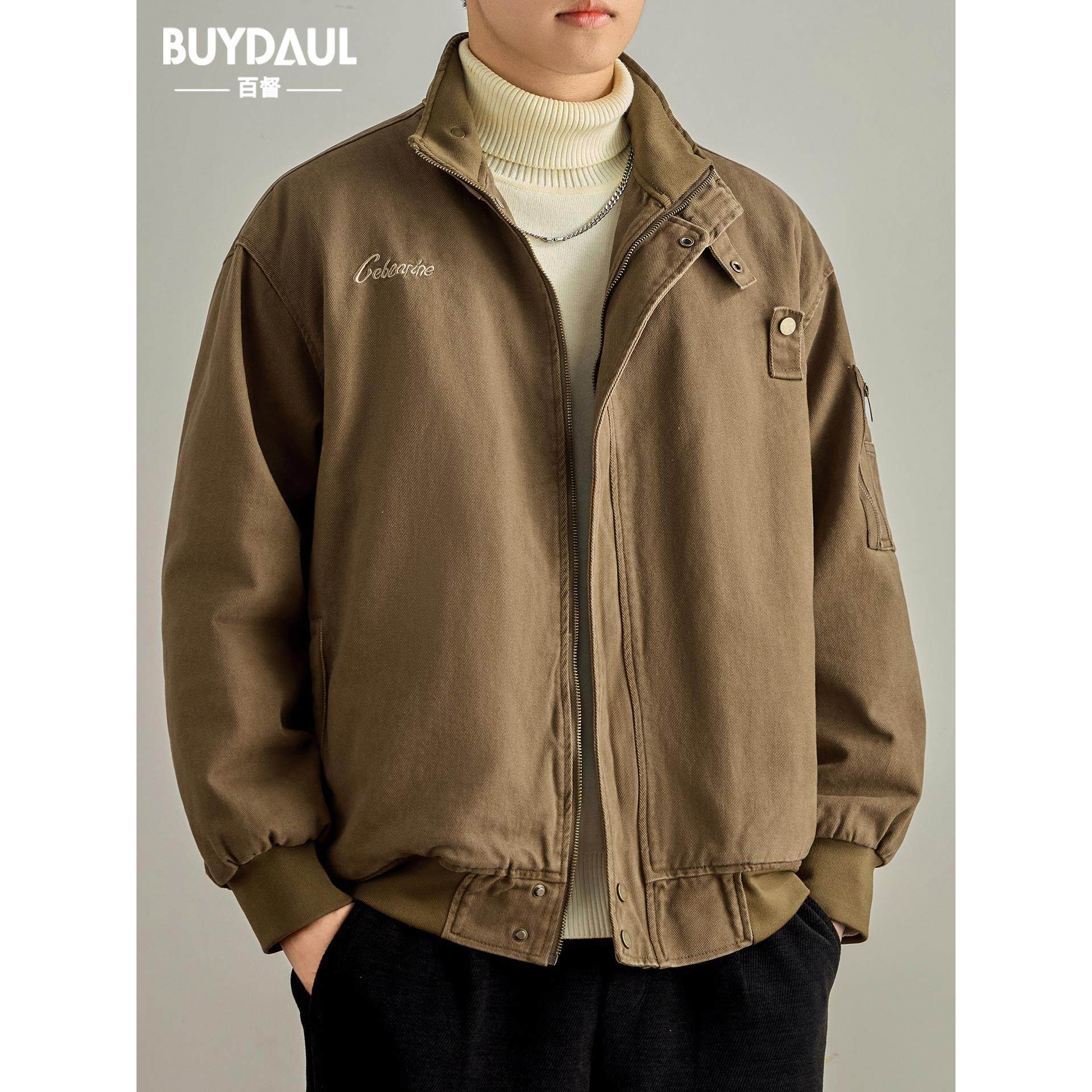 美式复古纯棉立领工装夹克男士秋冬季宽松大码休闲百搭棉衣外套男