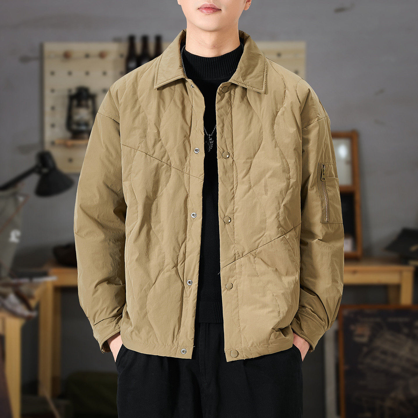 2026冬季新款不规则波浪绗缝羽绒服男短款轻薄衬衫式棉服男款外套