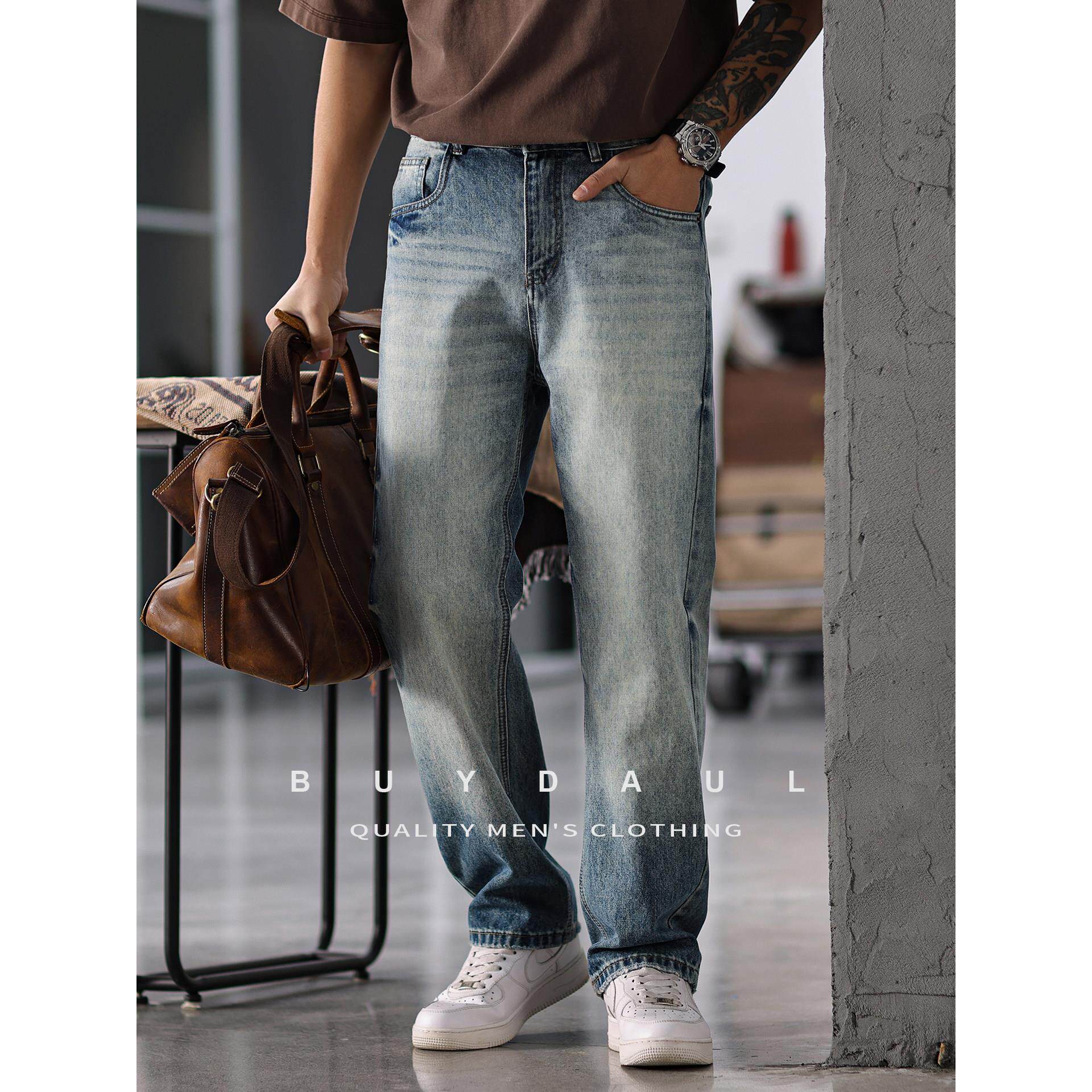 复古水洗做旧牛仔裤男士春季2026新款宽松百搭直筒美式休闲阔腿裤