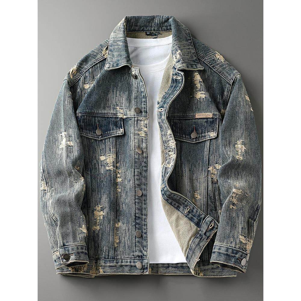 春秋新款提花牛仔夹克男美式潮牌帅气复古高级感宽松休闲外套