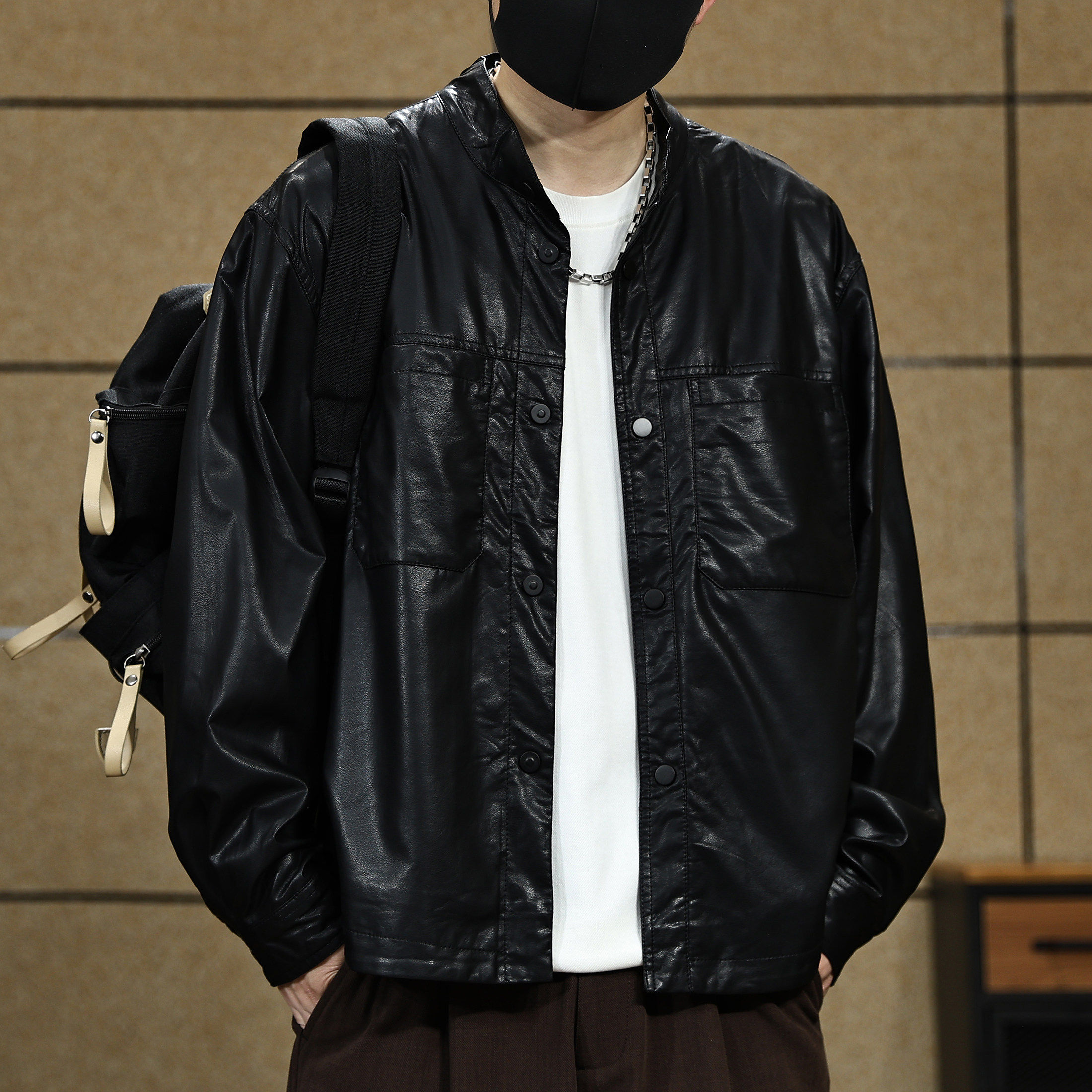 美式立领PU皮衬衫外套男款春秋季新款痞帅宽松皮夹克男士长袖衬衣