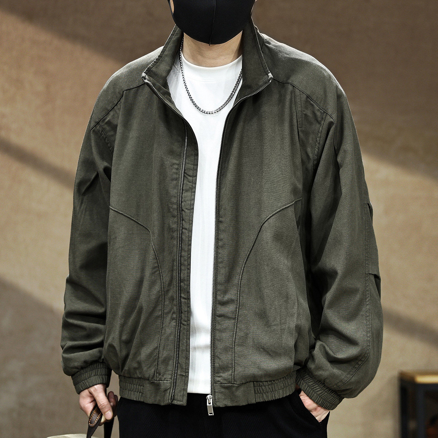 高级感莱赛尔混纺工装夹克男士2026春季新款宽松潮流休闲立领外套