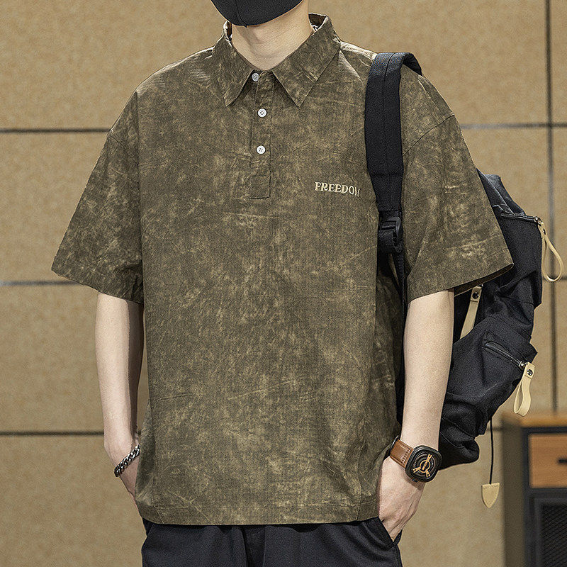 美式复古重磅短袖polo衫男夏季潮牌新款宽松薄款印花翻领T恤上衣