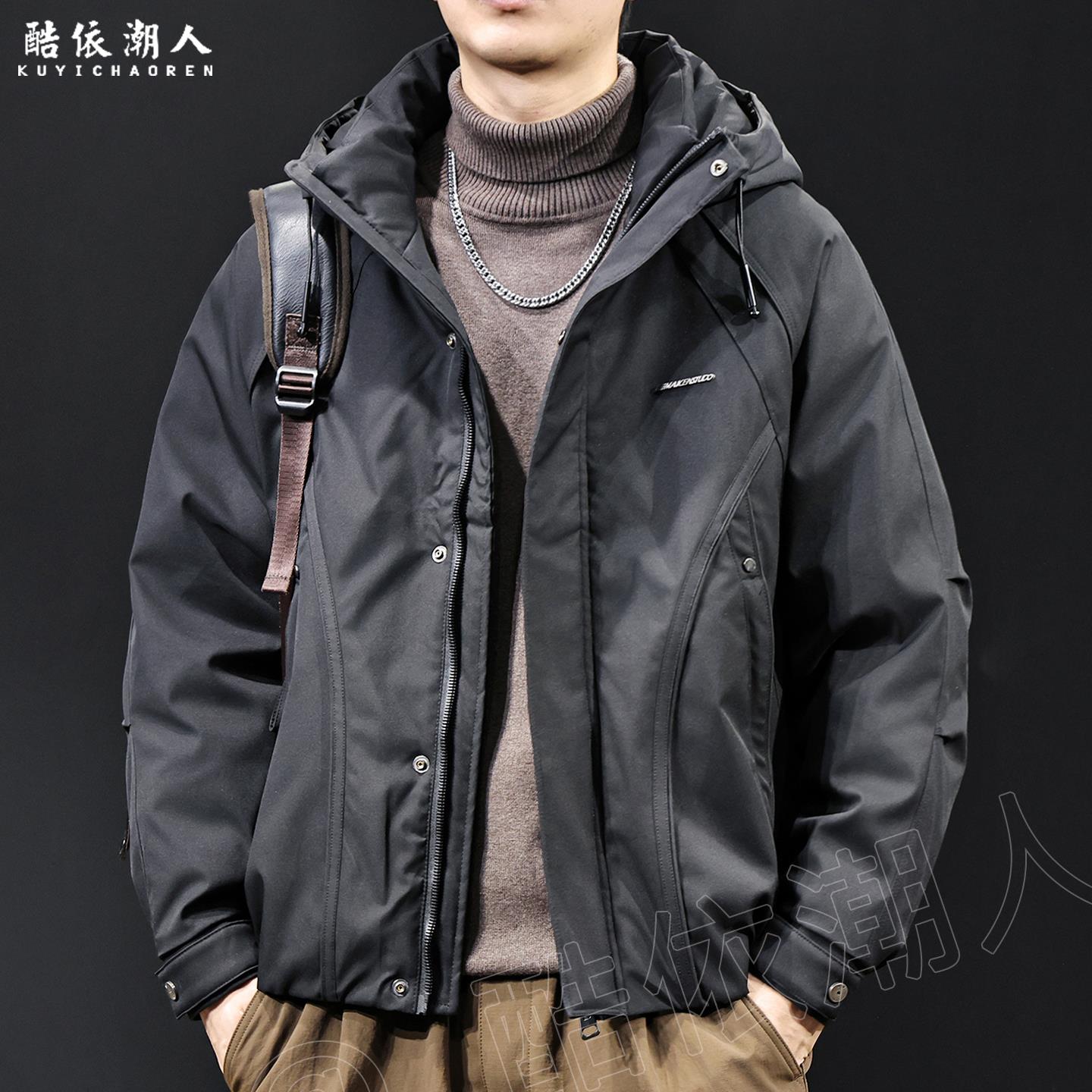 白鸭绒连帽羽绒服男2025秋冬季新款保暖潮牌工装休闲外套宽松大码