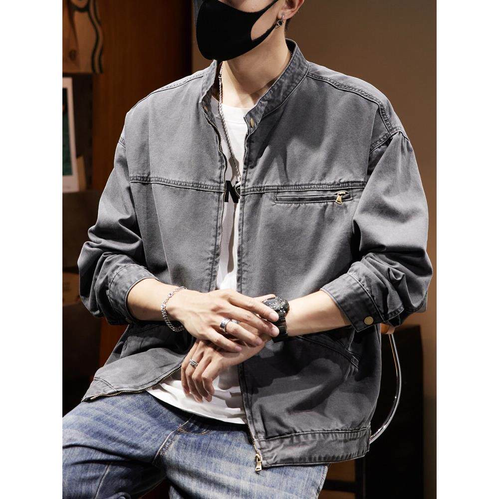 潮牌美式复古小立领夹克男宽松大码春秋季薄款休闲百搭工装外套