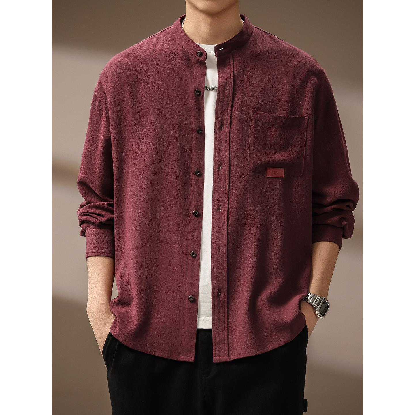 高端亚麻中式长袖衬衫男士2026春秋新款松弛感宽松立领复古外套男