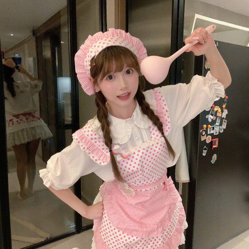 甜美粉嫩小厨娘围裙COS服万圣节发饰发箍洛丽塔女仆抖音同款套装