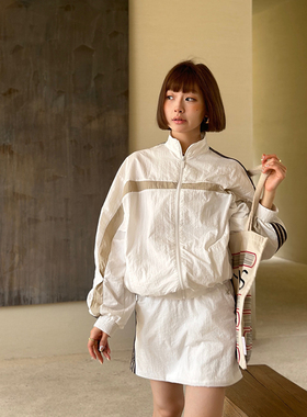 Fizzilicious/小众设计师欧洲站运动风拼色条纹外套抽绳白色半裙