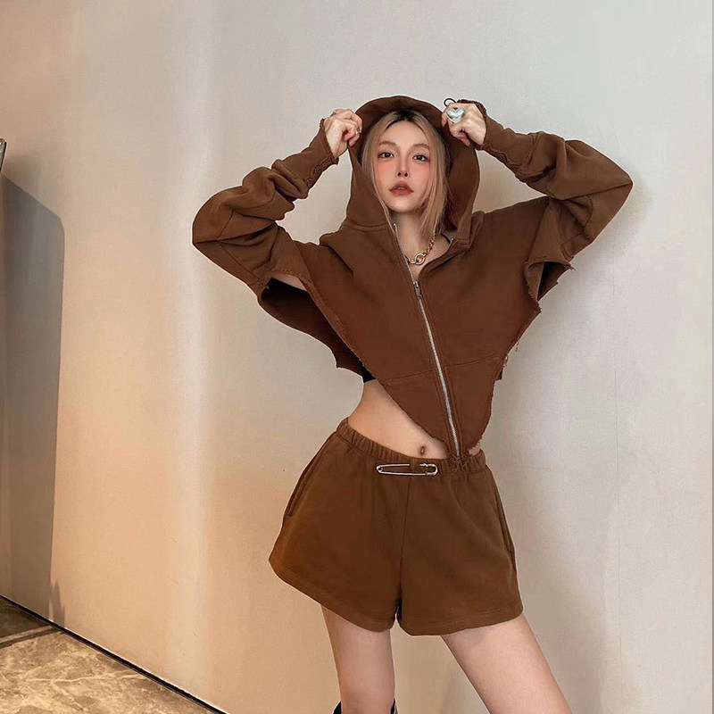 【T.N.T】mskin6买手店咖色半拉链套头连帽卫衣短裤显瘦女士套装
