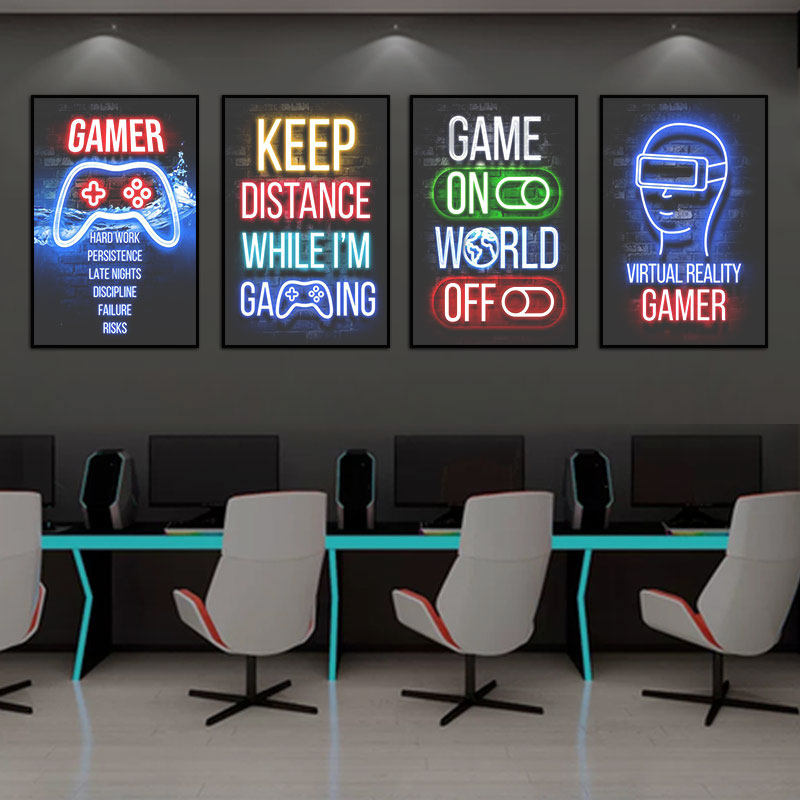 电竞房霓虹灯发光挂画游戏手柄VR主题赛博朋克装饰画网吧氛围壁画