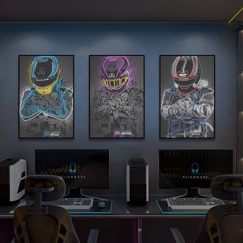 F1赛车手霓虹灯装饰画男生电竞房网吧网咖清吧Led发光氛围灯挂画