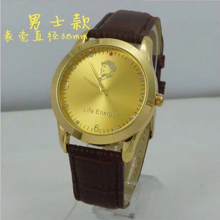 新款男士金色表盘伟人纪念中老年皮带手表商务腕表爆款养生手腕表
