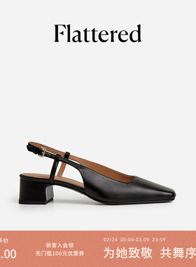 Flattered Elin女士真皮粗高跟包头凉鞋复古方头手工玛丽珍单鞋女