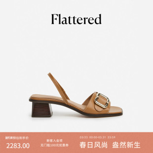 2026新款 Flattered Jojo女士真皮复古手工扣饰方头后袢带高跟凉鞋