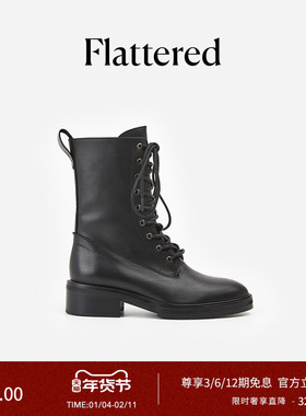 Flattered Felicia女士真皮复古手工系带马丁靴粗跟圆头短靴新品