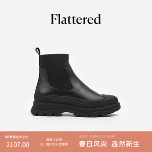 Flattered Lena女士牛皮切尔西靴圆头显瘦烟筒靴厚底增高短靴新品