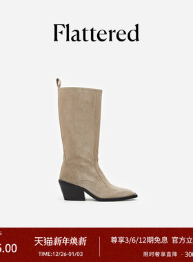 Flattered Carla女士麂皮方头长筒靴复古粗跟西部牛仔靴手工靴子