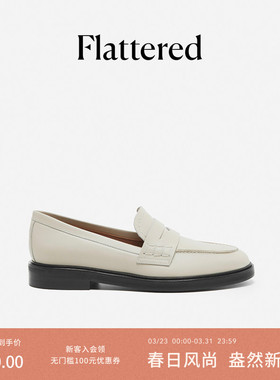 Flattered Sara女士牛皮圆头一脚蹬乐福鞋白色小皮鞋手工单鞋新款