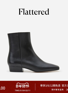 Flattered Rami女士真皮手工短靴法式方头裸靴粗跟时装靴2025秋冬