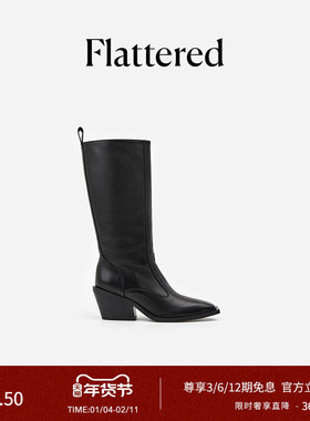 Flattered Carla女士牛皮尖头粗跟直筒长靴高跟长筒高筒骑士靴子