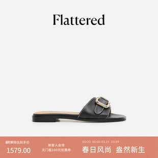 外穿平底方头凉拖鞋 Flattered Mimi女士真皮手工金属搭扣露趾拖鞋