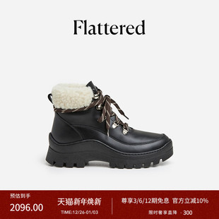 Flattered Liv女士真皮毛一体雪地靴系带厚底马丁靴羊绒户外短靴