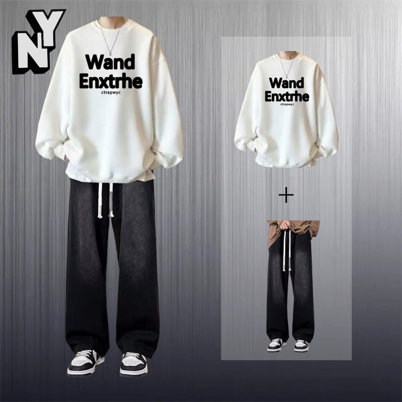 休闲运动套装男士春秋季帅气搭配牛仔裤一套潮流穿搭卫衣两件套