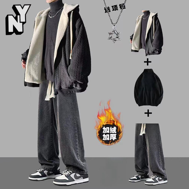 羊羔绒套装男士冬季加绒加厚棉袄三件套潮牌棉服痞帅气一套搭配