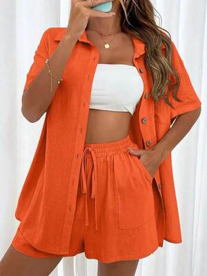 Short sleeved shorts, two piece shirt set for women