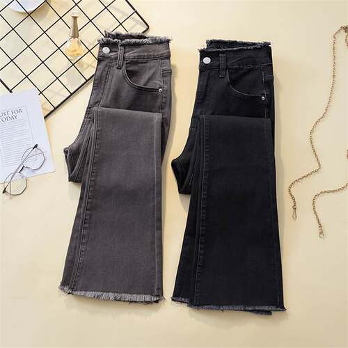 S-4XL women jeans stretch ladies pants微胖毛边弹力喇叭牛仔裤