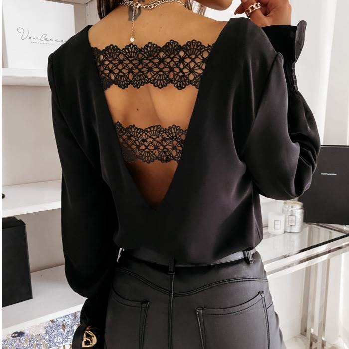 早春2021新款OL风后深V领蕾丝拼接性感sexy露背长袖衬衣衬衫shirt