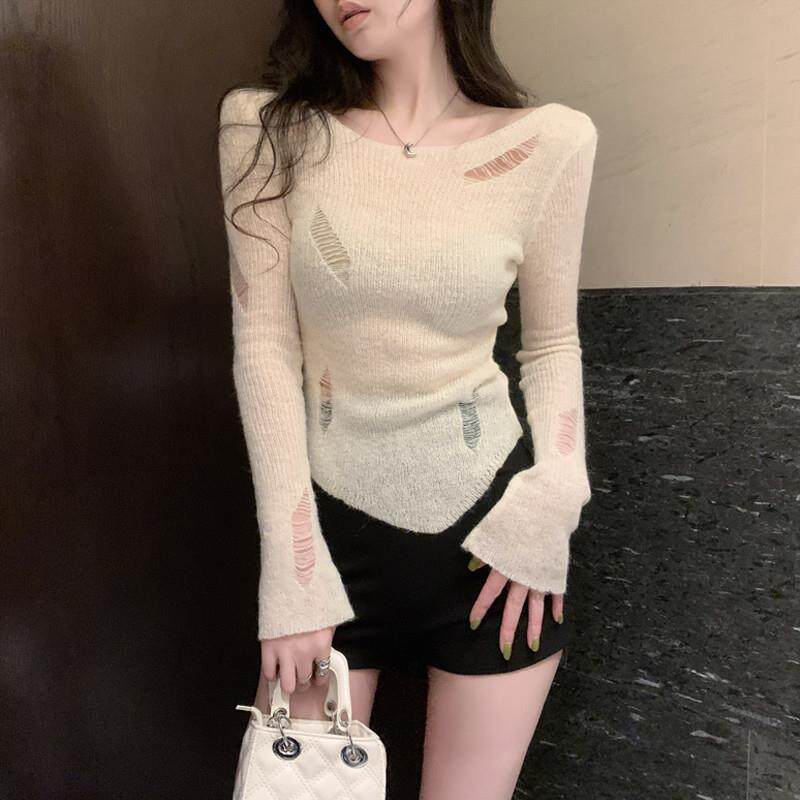 秋新款镂空破洞针织衫女韩版chic喇叭袖不规则修身显瘦上衣罩衫潮